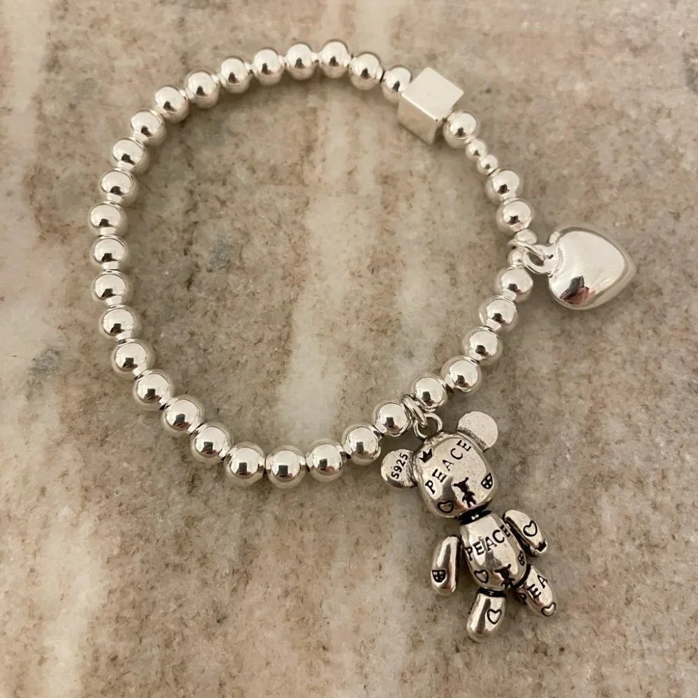 925 Sterling Silver Teddy Bear & Heart Charm Bracelet Dainty Bead Charm Bracelet - Picture 3 of 6
